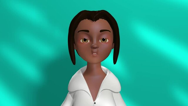 3d animation, a cartoon character talking on blue background.