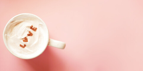 Love written on coffee foam. Valentine's day banner. Copy space