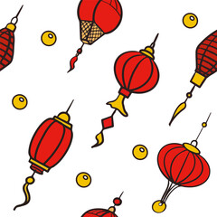 Doodle vector seamless pattern of chinese paper lanterns. Flat colorful icons oriental decoration of china culture. Illustration of asian celebration festival decor. Hand draw traditional lights