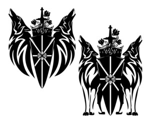 pair of howling wolves with heraldic shield, king crown, knight sword and rose flowers - medieval style royal coat of arms black and white vector design set