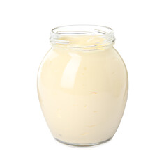 Jar of delicious mayonnaise isolated on white