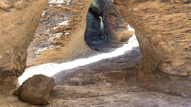 Inside a cave at Chiricahua National Monument in Arizona, tilt-up shot.