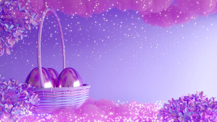 3d render of violet easter poster with basket and eggs.