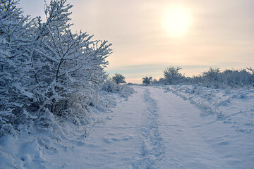 Obraz premium The road to the hillock with footprints in the snow.