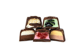 Collection of assortment of chocolate candies isolated on white background.