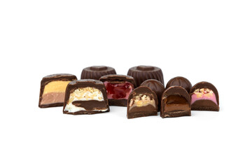 Collection of assortment of chocolate candies isolated on white background.