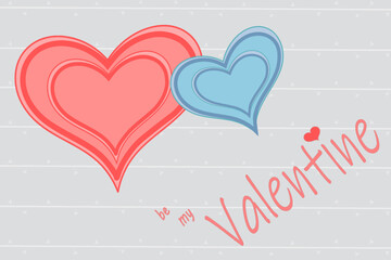 greeting card for St. Valentine's Day.  with two cute hearts in a minimalist style on a light blue background. illustration with lined pattern and little hearts. vector image for banner or website