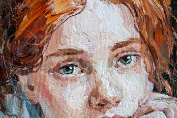 A fragment of a painting depicting a young girl. Green-eyed girl on a brown background. Oil painting on canvas.