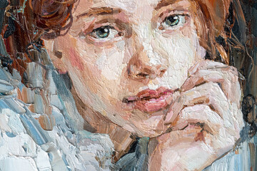 A fragment of a painting depicting a young girl. Green-eyed girl on a brown background. Oil painting on canvas.