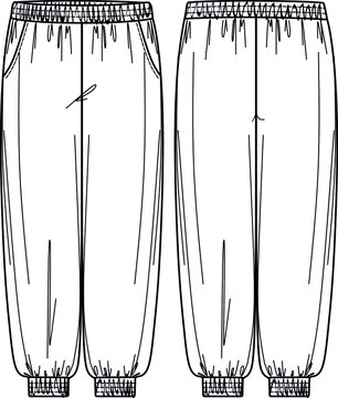 Vector trendy women pants sketch, salwar pants fashion CAD, technical drawing, fashion flat