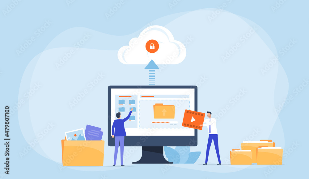 Fototapete Business Flat vector design technology file upload backup on cloud server storage concept. team administrator and developer working with computer monitor. Illustration cartoon character design