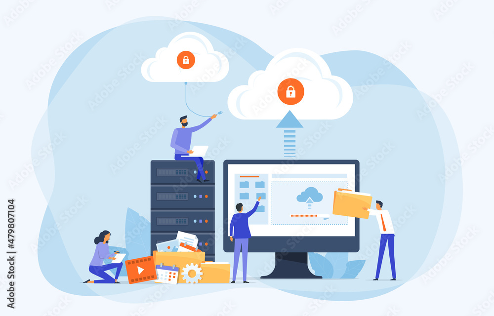Leinwandbilder Business Flat vector design technology file upload backup on cloud server storage concept. team administrator and developer working with computer monitor. Illustration cartoon character design