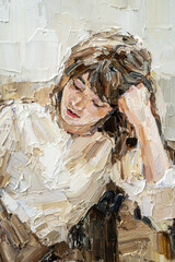 A young girl reads an interesting book on a light warm background. Oil painting on canvas.