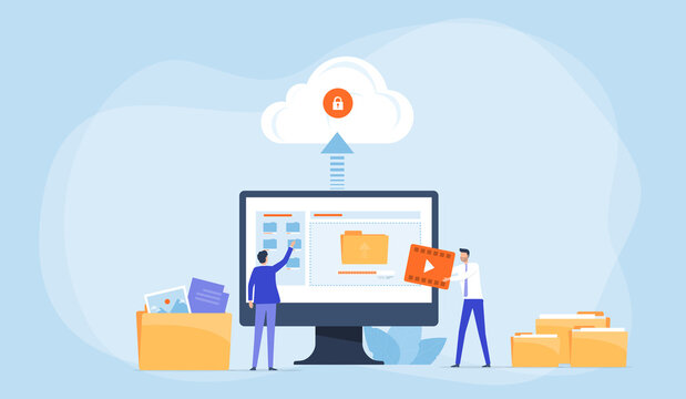 Business Flat vector design technology file upload backup on cloud server storage concept. team administrator and developer working with computer monitor. Illustration cartoon character design