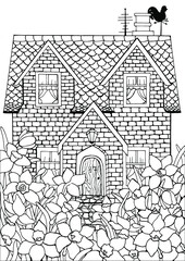 Coloring book for adults with a brick house and daffodils flowers