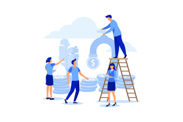 business porters - a successful team. financing of creative projects. Receipt of money from the tap, water consumption, money for water flat modern design illustration