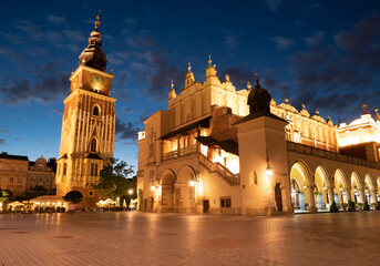 Evening view of Main Market Square (Rynek Główny) in the Old Town district of Kraków. With...
