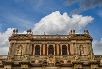 Obraz premium Detail of the façade of Palazzo Carignano overlooking Piazza Carlo Alberto in the historic centre of Turin, Piedmont, Italy