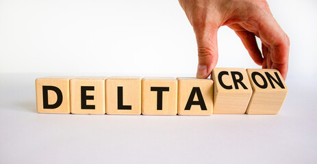 Covid-19 delta and deltacron symbol. Doctor turns cubes and changes the word delta to deltacron. Beautiful white background. Medical, covid-19 corona delta and deltacron concept. Copy space.