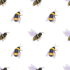 Bee watercolor seamless pattern isolated on white background. Summer insects digital paper for textile, fabric, kids wallpaper. 