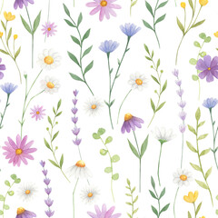 Wildflowers watercolor seamless pattern isolated on white background. Summer floral digital paper for textile, fabric, kids wallpaper. 