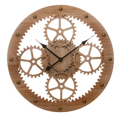 Stylish wall clock with wooden gears isolated on white