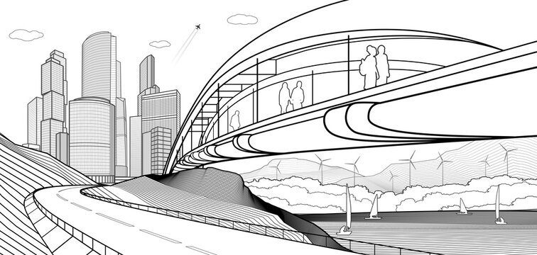 City infrastructure industrial and cityscape illustration. People walk across the river bridge. Automobile road in mountains. Black outlines on white background. Vector design art