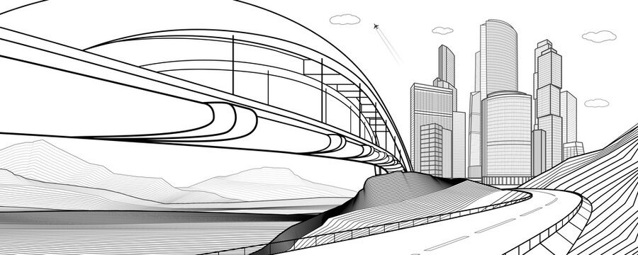 City infrastructure industrial and cityscape illustration. Bridge over river. Automobile road in mountains. Black outlines on white background. Vector design art