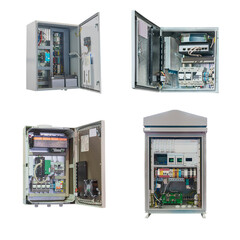 four electrical control cabinet with an open door isolated on a white background