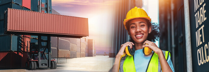American women of color Work in an international shipping yard area Export and import delivery...