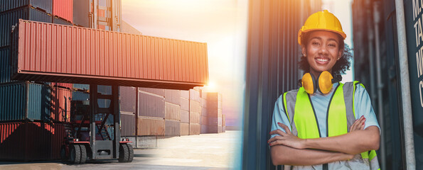 American women of color Work in an international shipping yard area Export and import delivery service with containers
