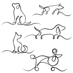 Set of different dog silhouette one line hand drawn for design