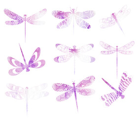 dragonfly watercolor set silhouette, set, isolated, vector