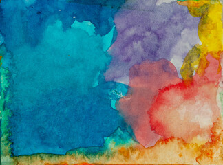 Watercolour painting. Colorful. Abstract background. Splashes. Green, yellow, gray, yellow colour. Aquarell paper. Hand painted.