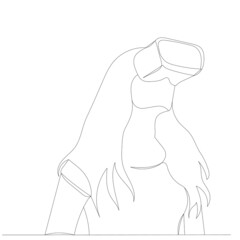 girl in virtual reality glasses drawing by one continuous line, isolated, vector