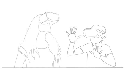 girl and boy in virtual reality glasses drawing by one continuous line