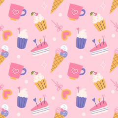 Sweets with hearts, cakes, ice cream, lollipops. Vector seamless pattern in flat style