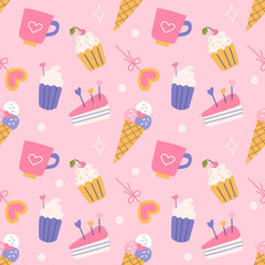 Sweets with hearts, cakes, ice cream, lollipops. Vector seamless pattern in flat style