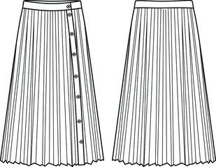 Vector plisse skirt fashion CAD, woman pleated skirt technical drawing, template, sketch