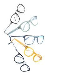 collage of eyeglass frames on a white background. Glasses on a white background, collage