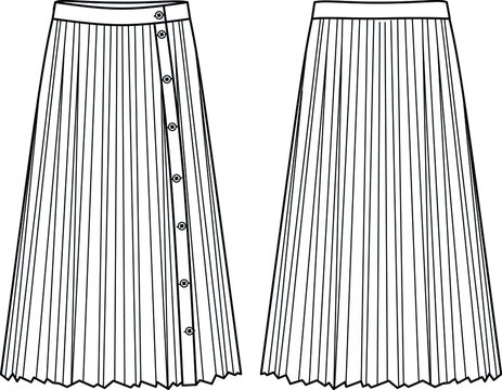 Vector plisse skirt fashion CAD, woman pleated skirt technical drawing, template, sketch