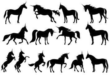unicorns silhouette collection, isolated, vector