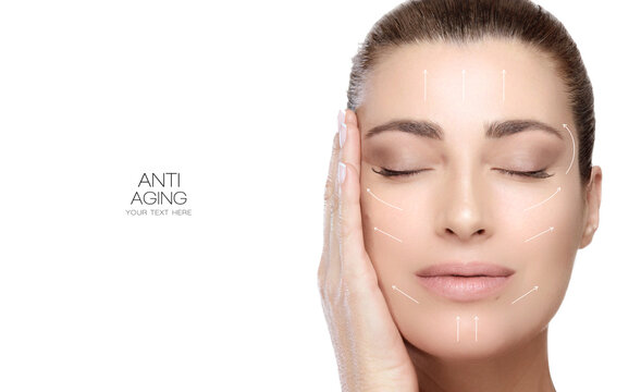 Facelift and Anti Aging Concept. Beauty Face Spa Woman with Lifting Up Arrows.