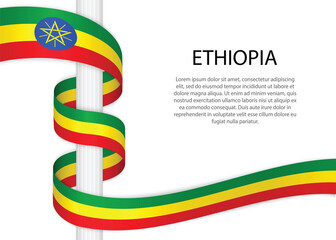 Waving ribbon on pole with flag of Ethiopia. Template for independence day