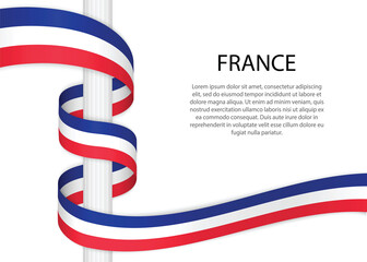 Waving ribbon on pole with flag of France. Template for independence day