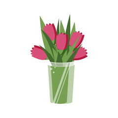 A chic bouquet of five pink tulips stands in a transparent glass modern vase. Beautiful flowers isolated on white background for greeting card decor. 
