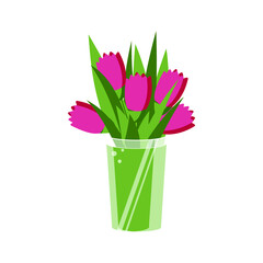 A chic bouquet of five pink tulips stands in a transparent glass modern vase. Beautiful flowers isolated on white background for greeting card decor. Vector.