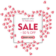 Valentines Day Sale, 14 February online sale, special offer, heart shape illustration, online shopping, promotional banner