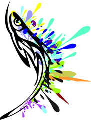 Fish symbol colorful splashes on white for your creative ideas. Twirled fish icon for business concepts, web icons, prints on T-shirts, logos, textiles, restaurant menu, posters, tattoo, emblems, etc.