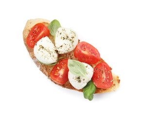 Delicious sandwich with mozzarella, fresh tomato and basil isolated on white, top view